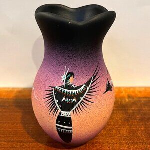 Navajo Native American Hand Painted Purple Pottery Vase Artist Signed